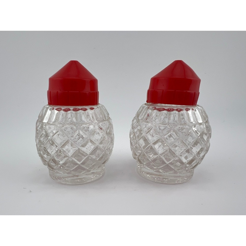Vintage Red Lid Salt Pepper Shakers Made in USA 2" Textured Glass Pair